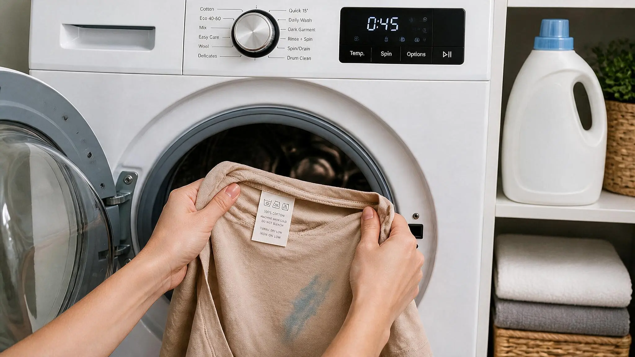 Checking the care label on a beige T-shirt before washing it in a washing machine.