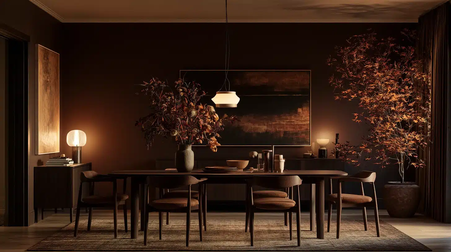 Moody dining room with chocolate brown walls, dark wood table, upholstered chairs, pendant lighting, artwork, and warm decorative accents.