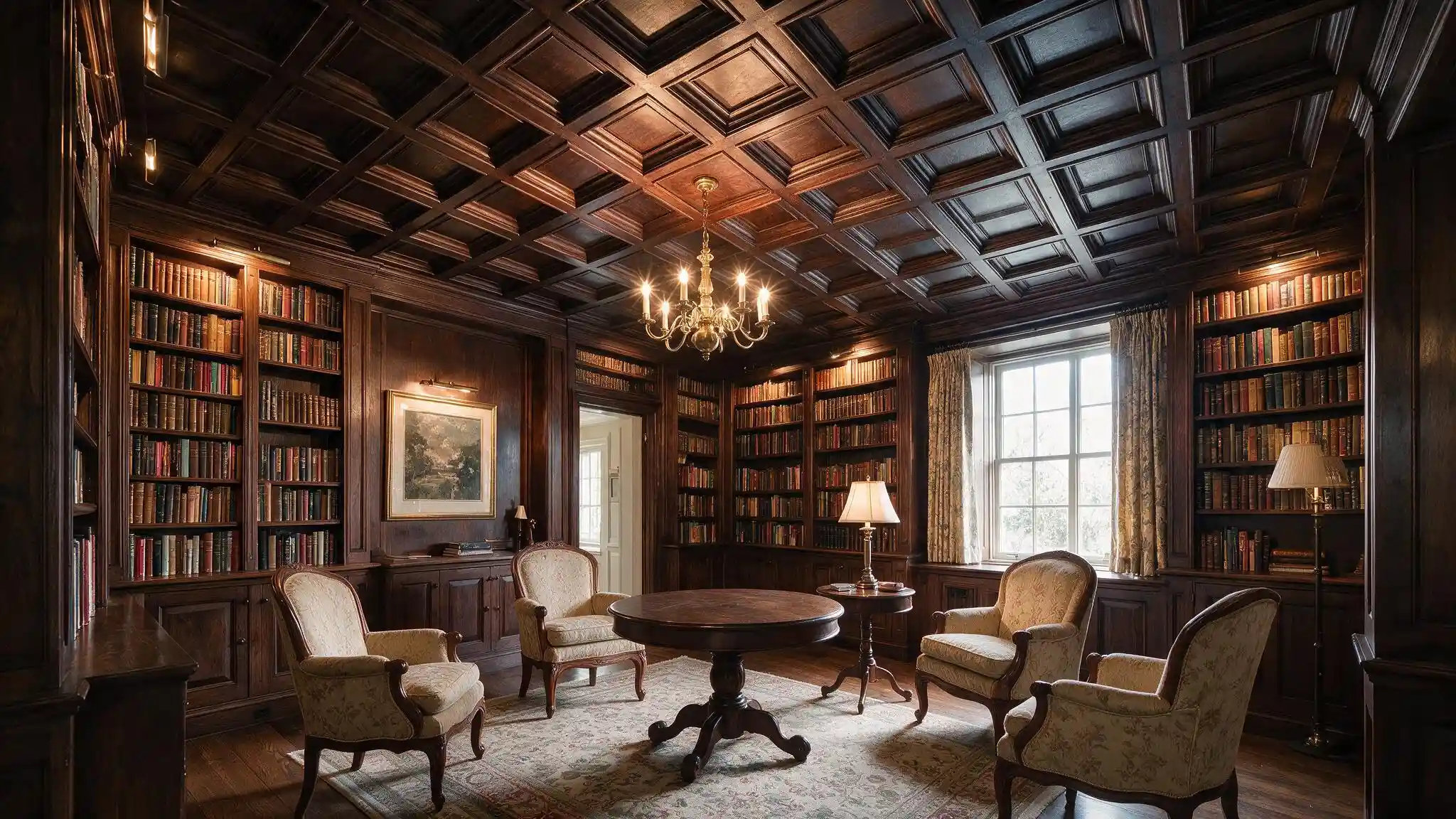 Classic dark wood library with detailed coffered ceiling built in bookshelves chandelier and upholstered chairs