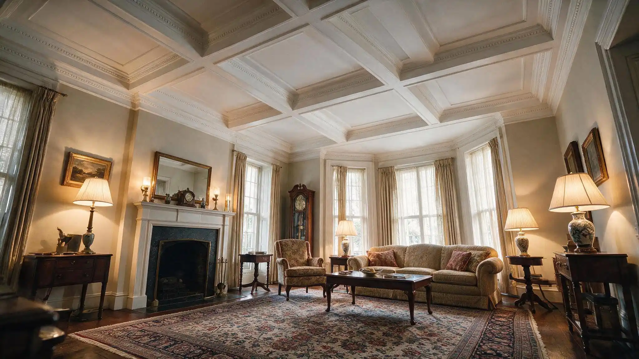 Classic living room with decorative white coffered ceiling fireplace vintage furniture patterned rug and warm table lamps