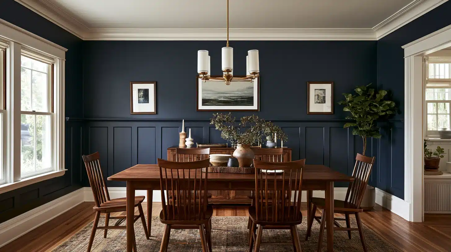 Classic navy dining room with paneled walls, wooden table and chairs, brass chandelier, framed art, and white trim.