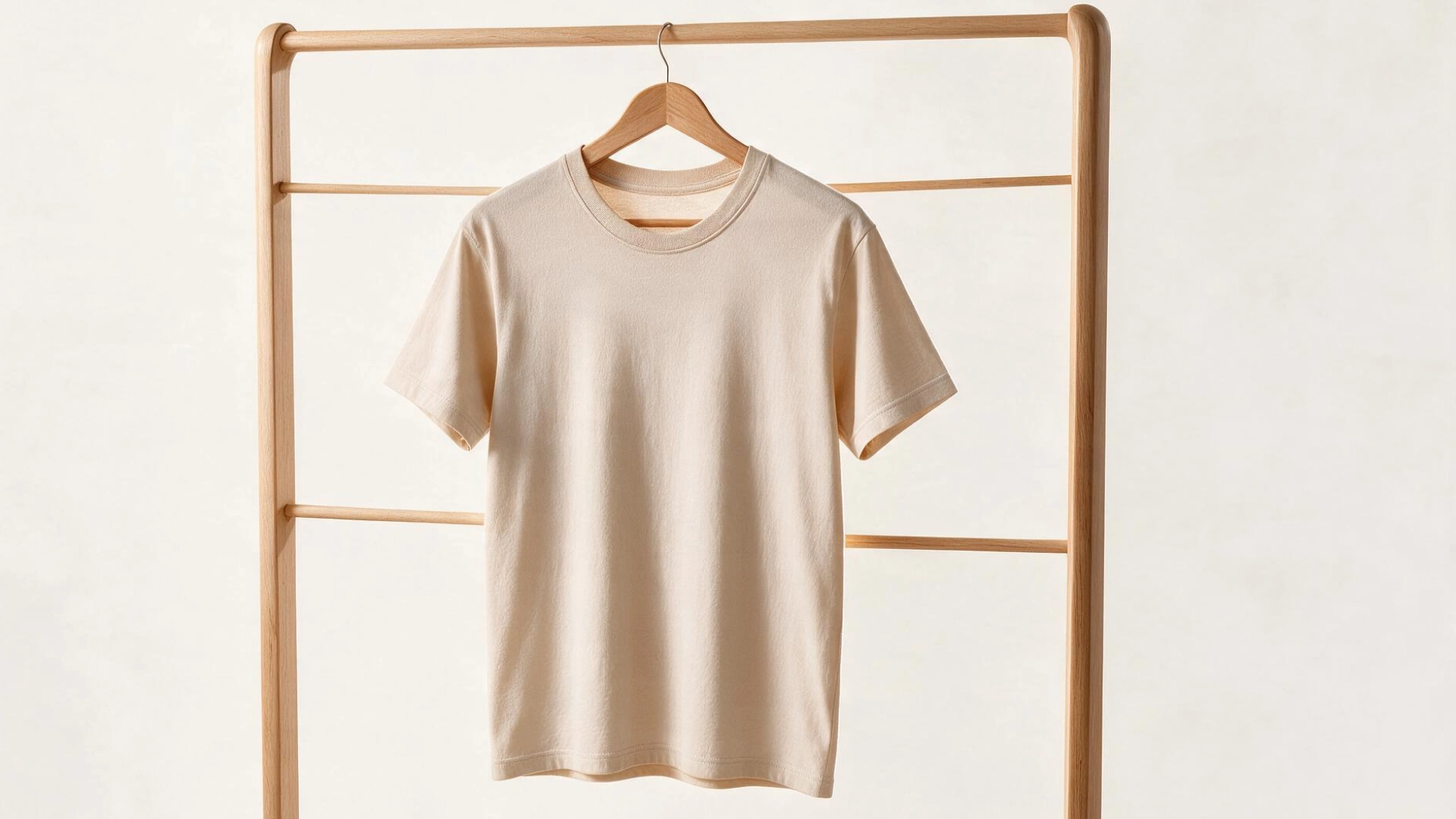 Clean beige T-shirt hanging to air-dry after the paint stain has been removed.