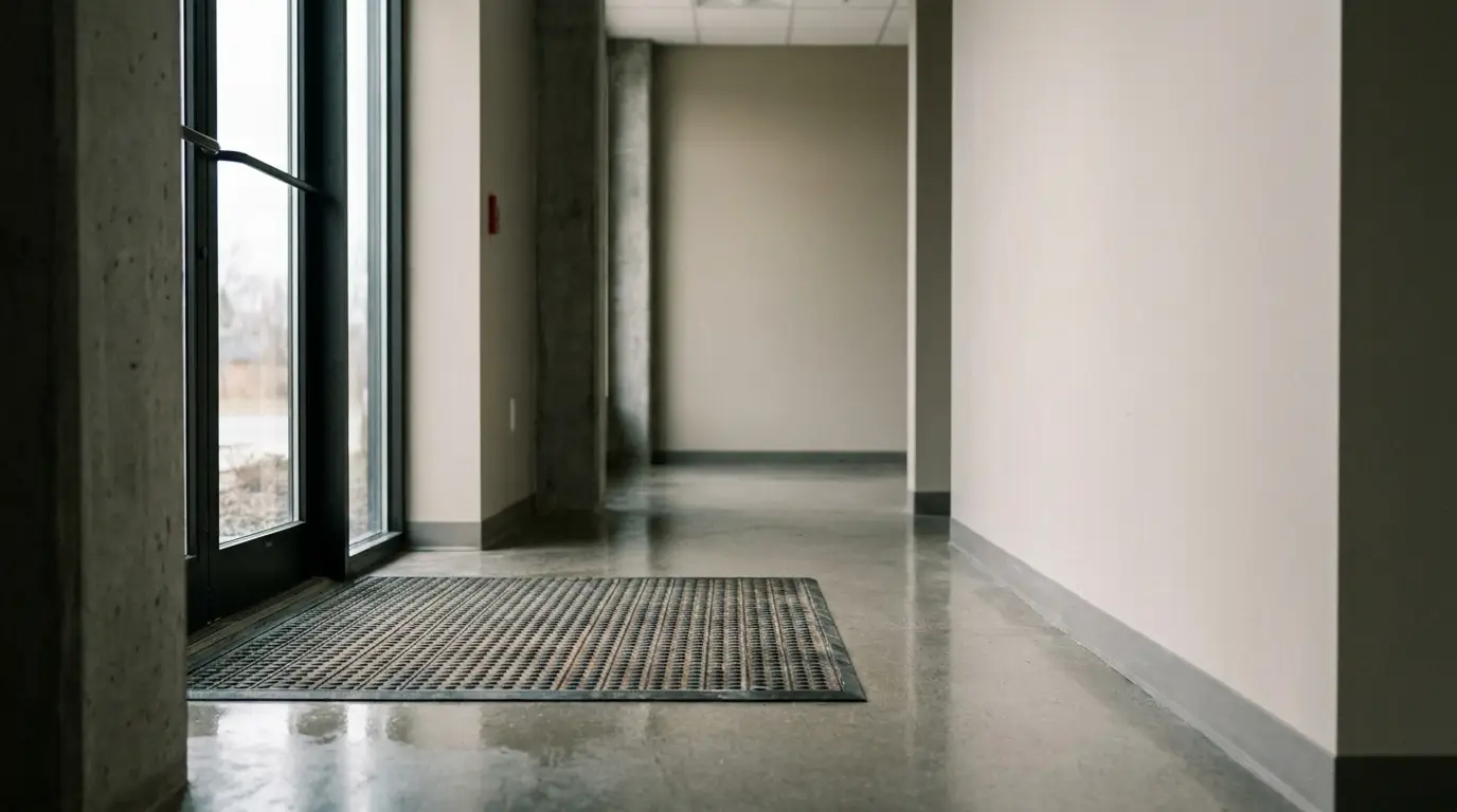 Empty corridor with gray flooring and large glass door under natural light