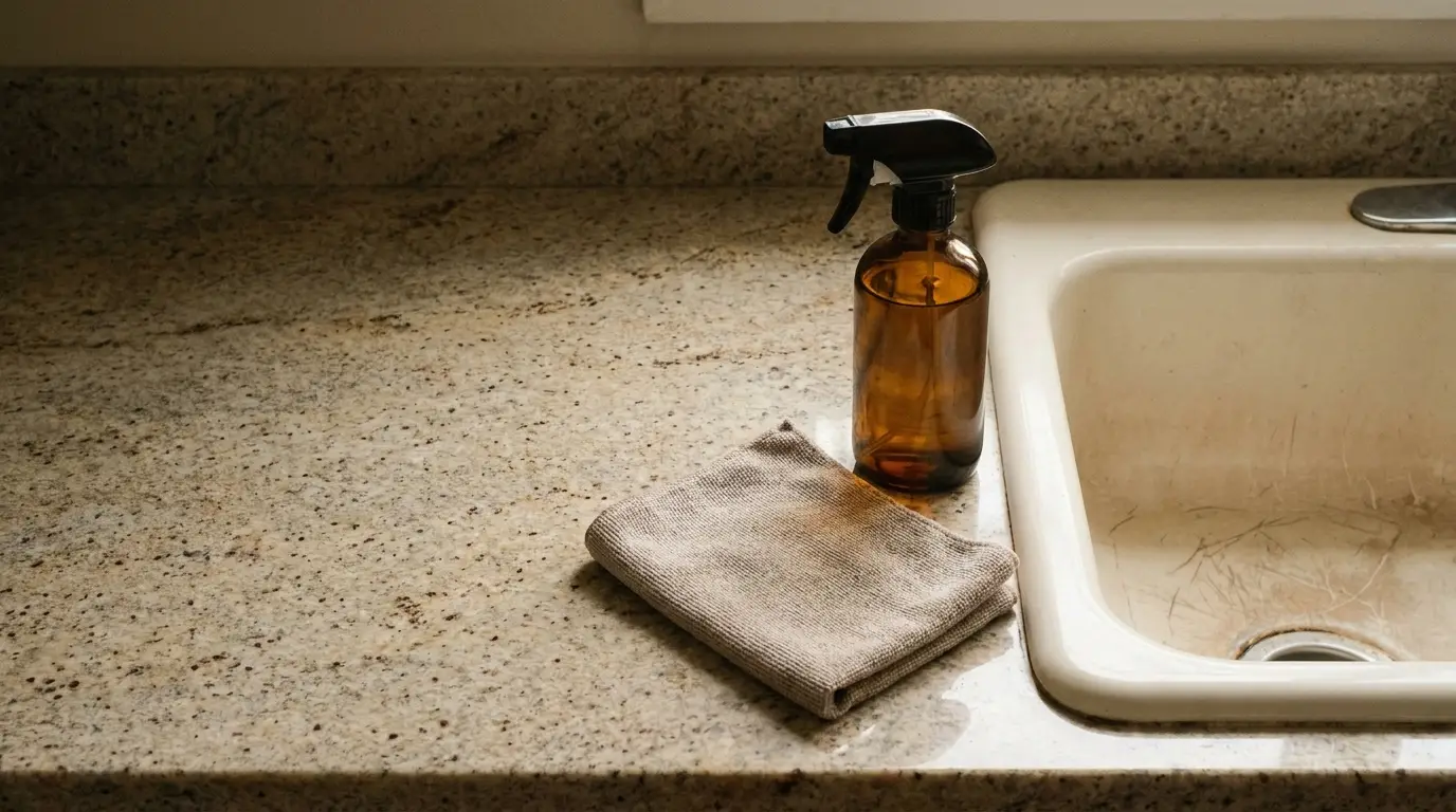 Brown spray bottle and cloth on granite countertop beside white sink in natural light