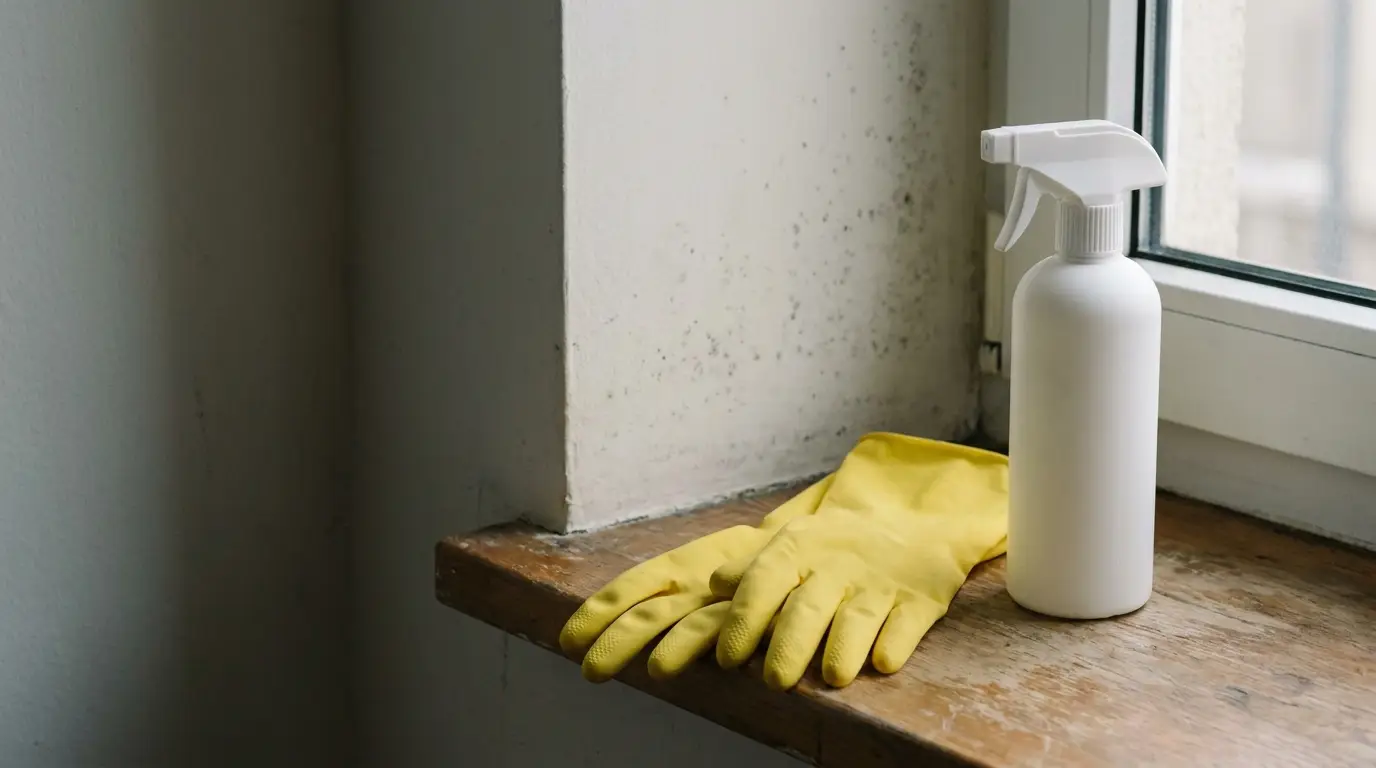 Yellow rubber gloves and white spray bottle on wooden windowsill beside moldy wall