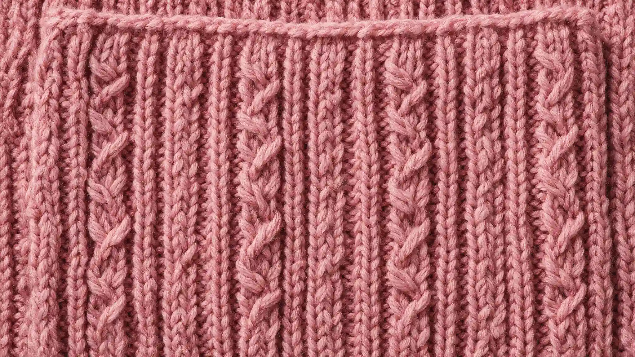 Close-up of a pink knitted sweater showcasing its texture and intricate stitching details