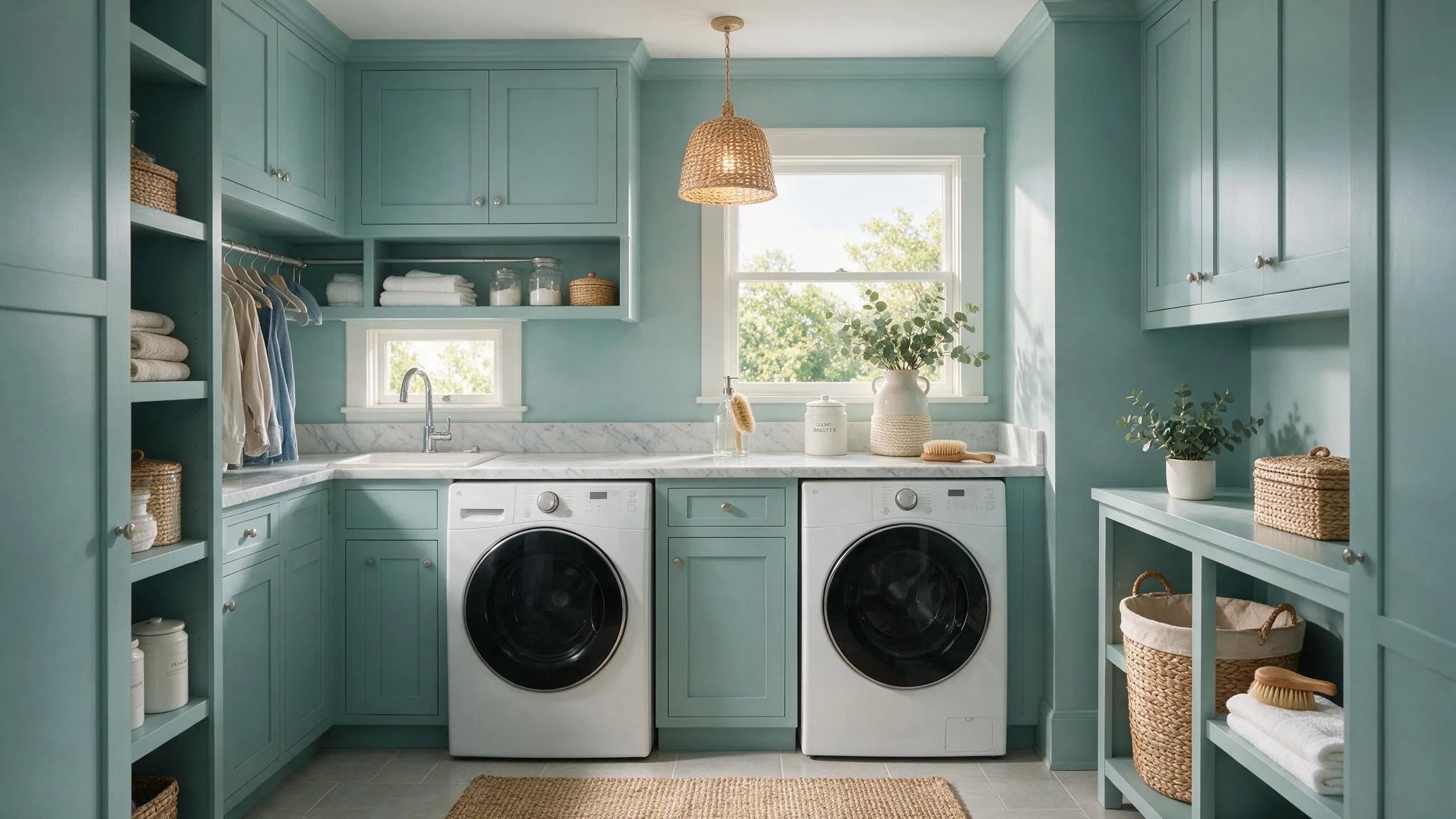 Color-drenched blue-green laundry room with matching walls, cabinets and trim, white washer and dryer, marble countertop, and woven accents.