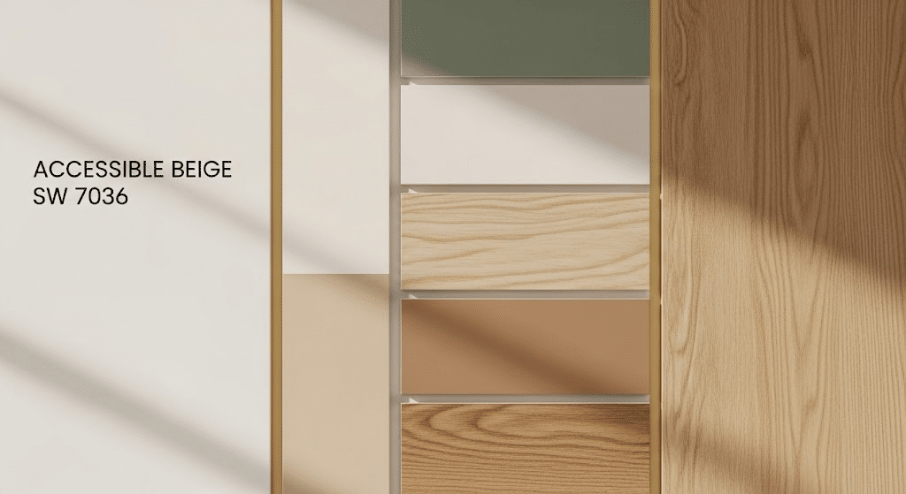 accessible beige sw 7036 paint palette with warm wood, white, sage green, and beige coordinating tones