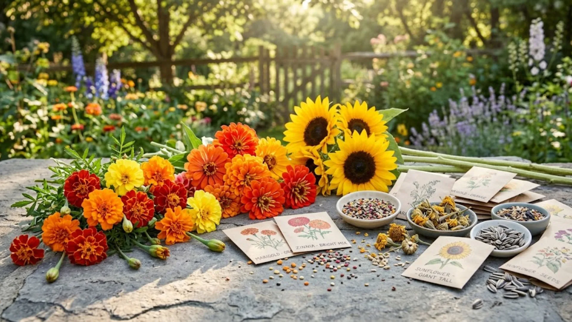 Colorful flowers, loose seeds, and seed packets arranged neatly on a stone outdoor ledge.