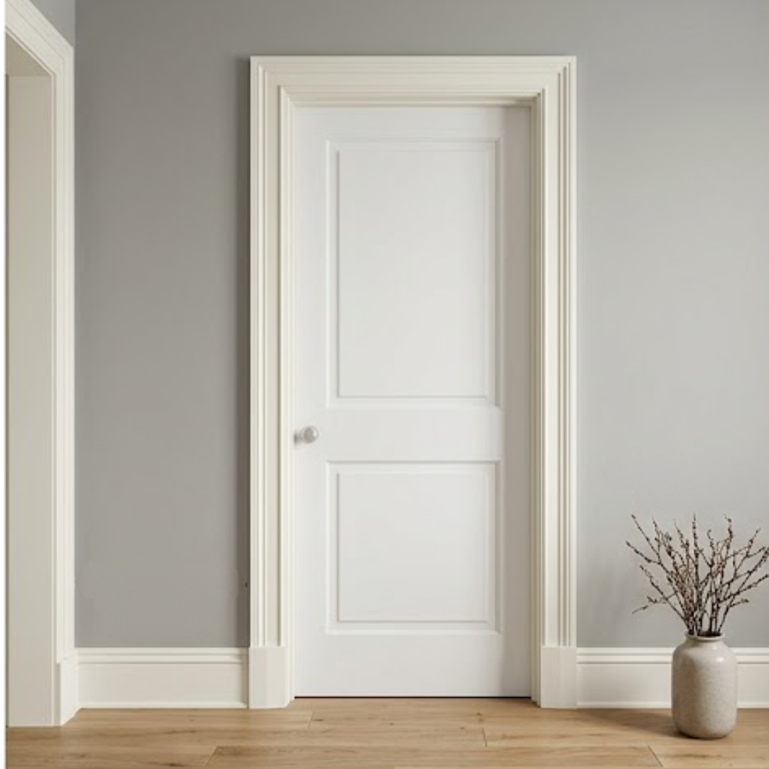 Two-panel white door with classic white casing and baseboard trimwith grey wall