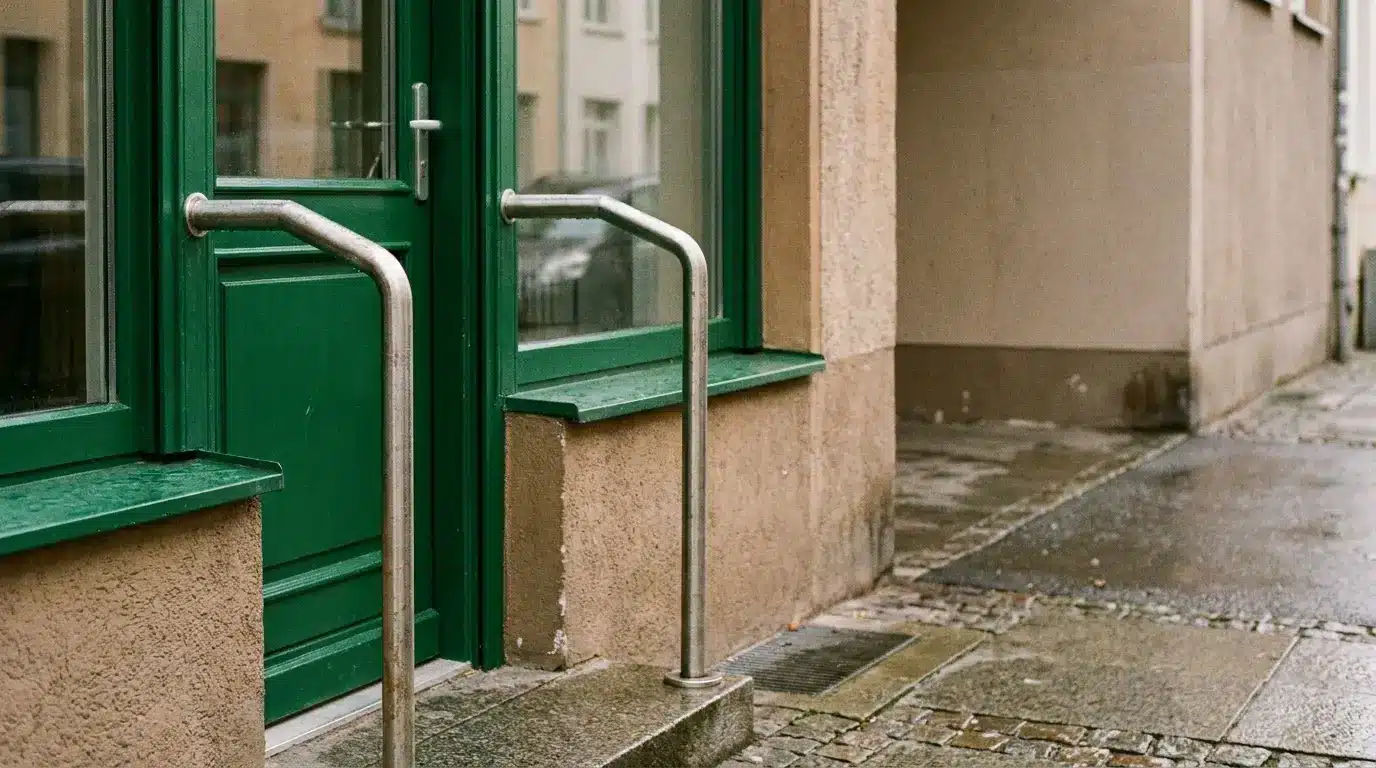 Green door with stainless steel handrails on wet stone pathway