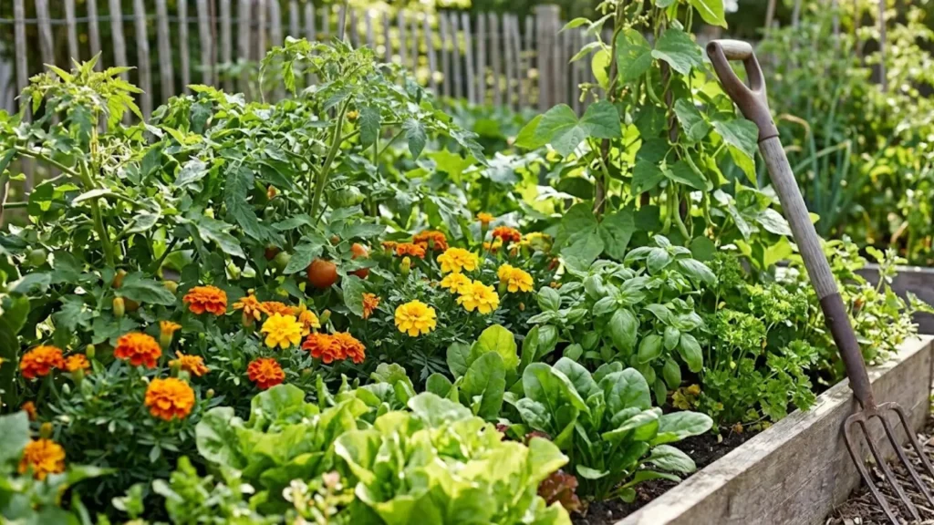 Raised garden bed interplanted with tomatoes, orange marigolds, and lettuce