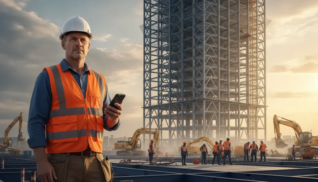 Construction manager in orange vest holding phone on site with cranes and workers at sunrise
