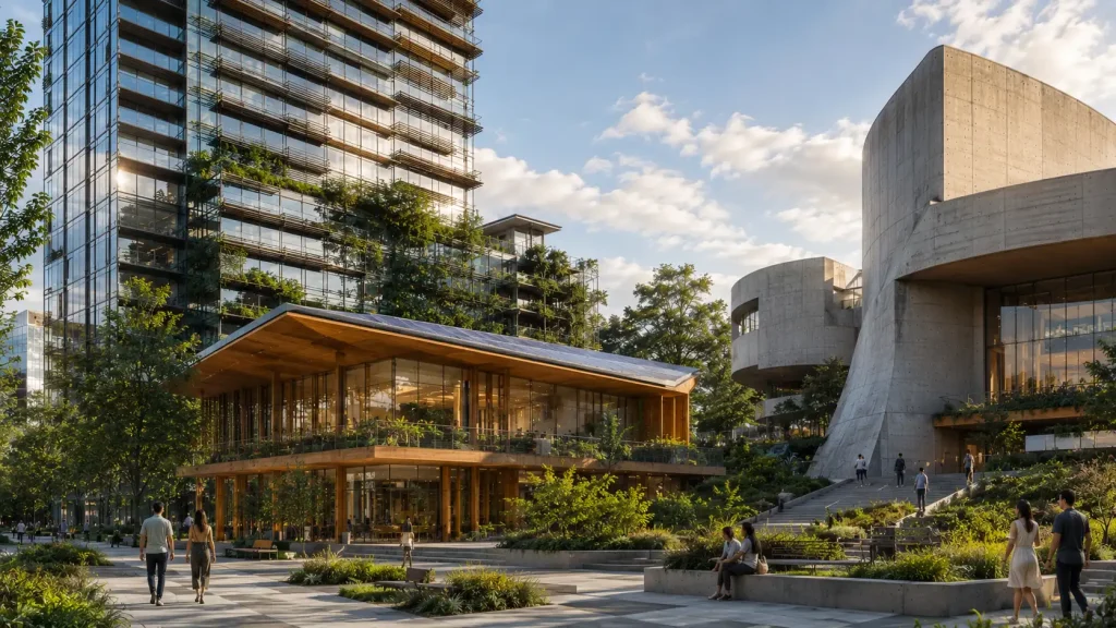 contemporary urban district featuring a glass tower, timber villa, and curved concrete cultural building with greenery
