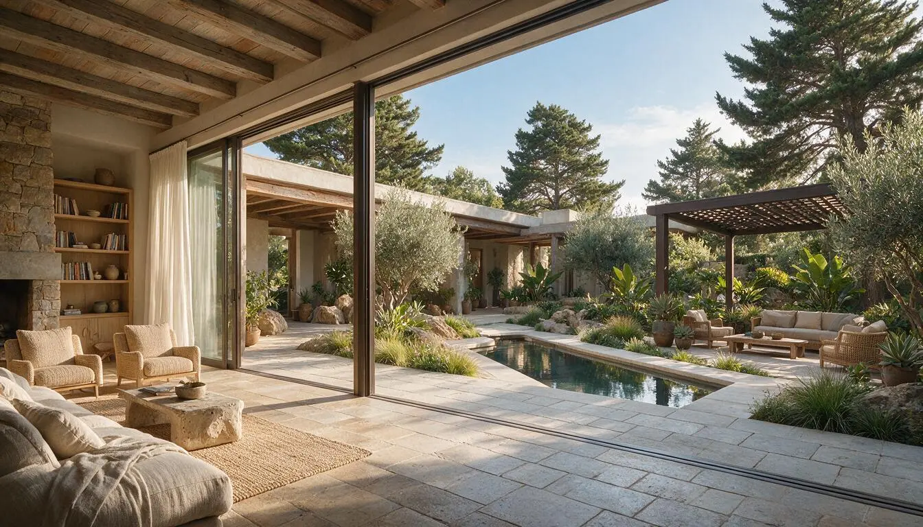 contemporary home with sliding glass walls opening to a landscaped courtyard with a pool and shaded outdoor seating area