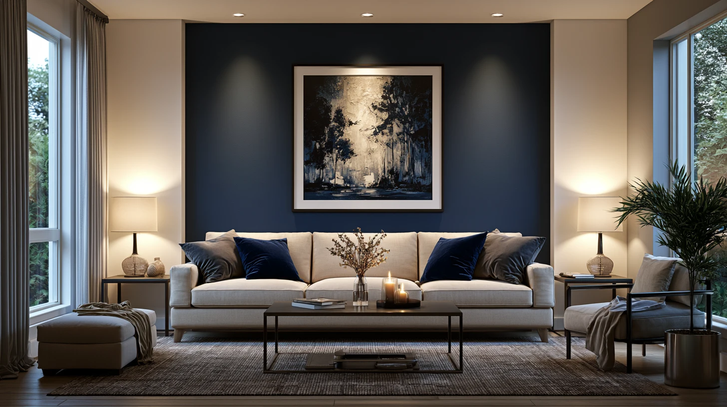 Contemporary living room with a Hale Navy accent wall behind a cream sofa, dark blue pillows, neutral furnishings, warm lamps, and a large framed artwork.
