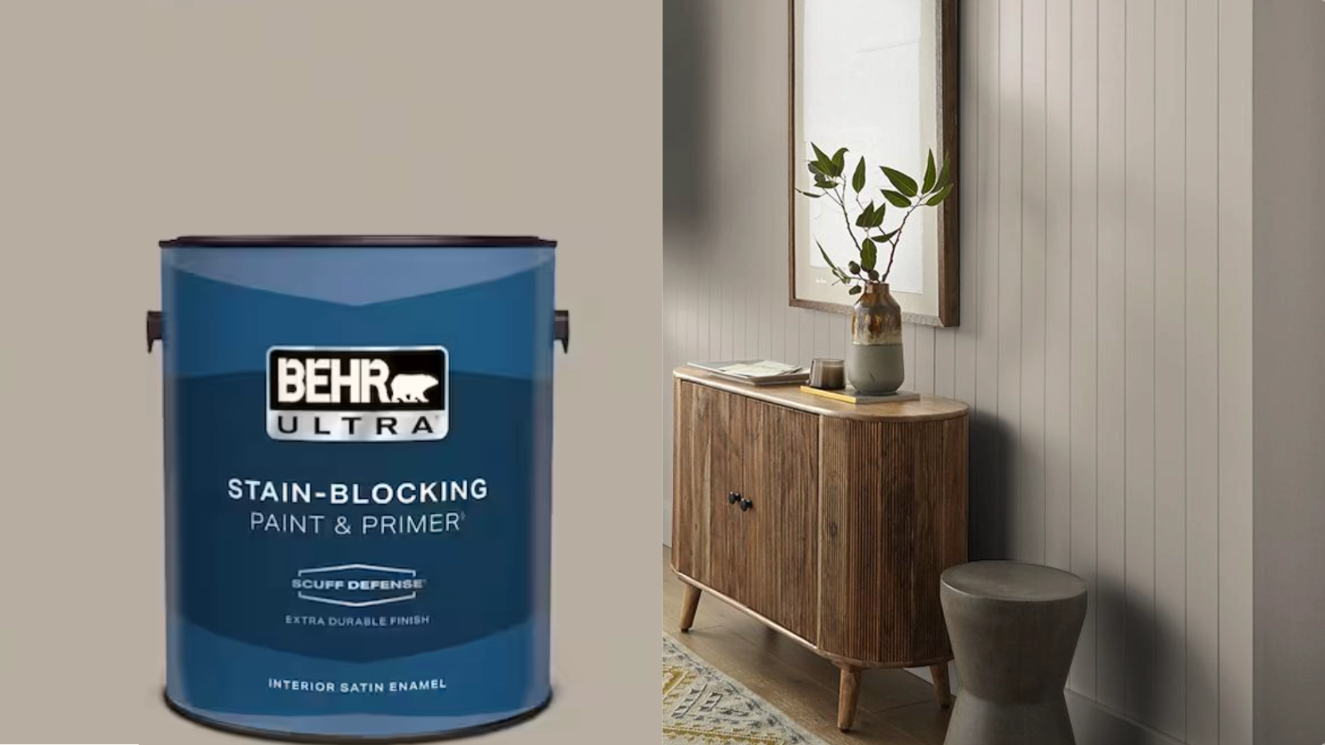Behr Ultra paint can beside taupe panel wall with wooden cabinet