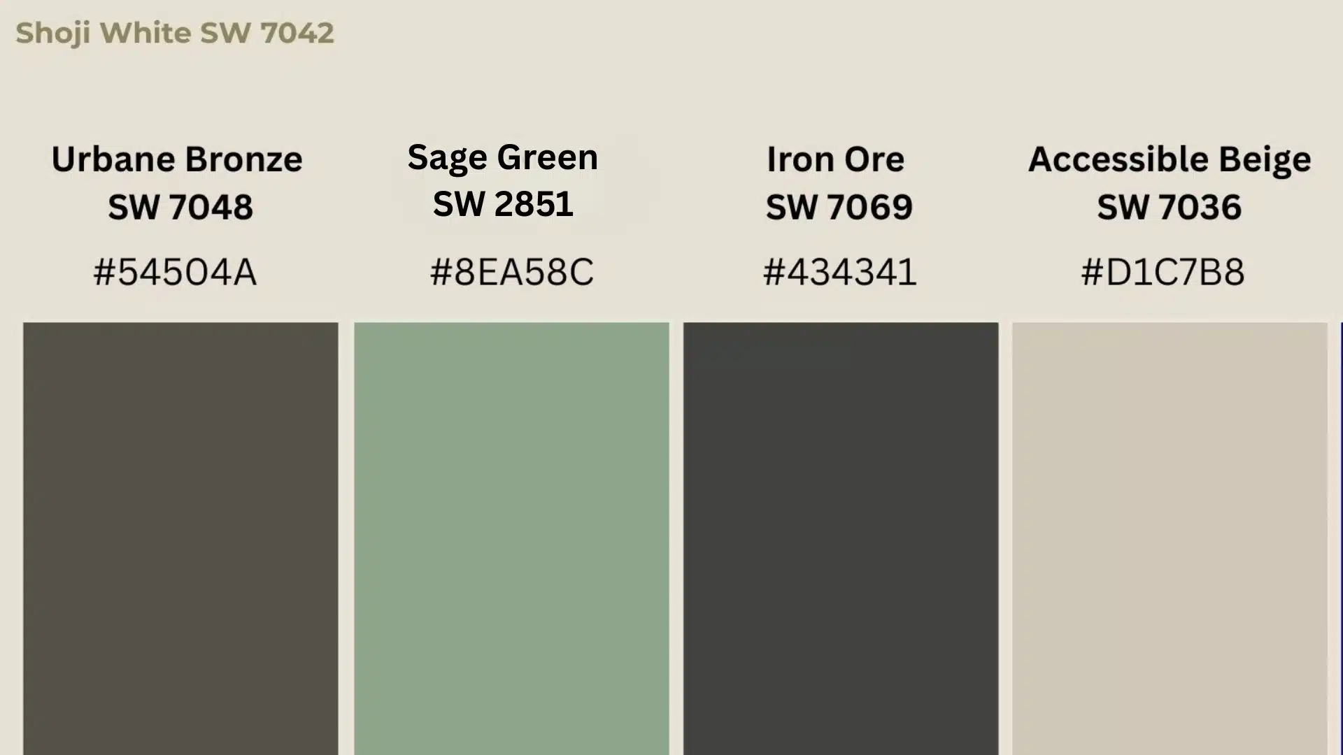 Shoji White SW 7042 palette with Urbane Bronze, Sage Green, Iron Ore, Accessible Beige