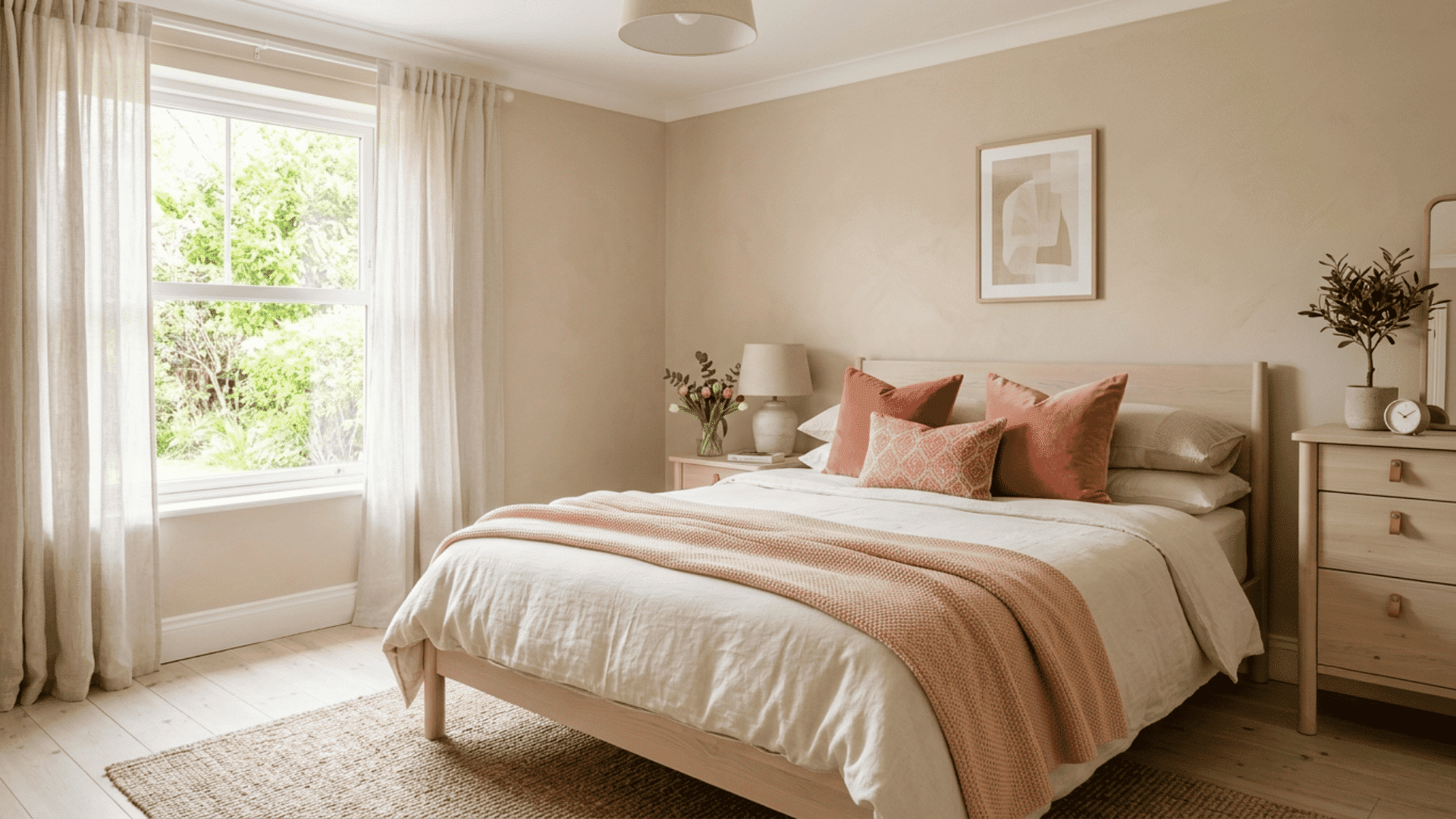 coral bedroom with cream bedding, pink pillows, oak dresser, curtains, and plant