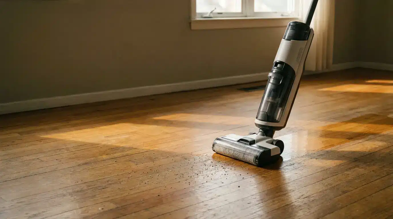 Vacuum cleaner on wooden floor collecting small debris in sunlit room