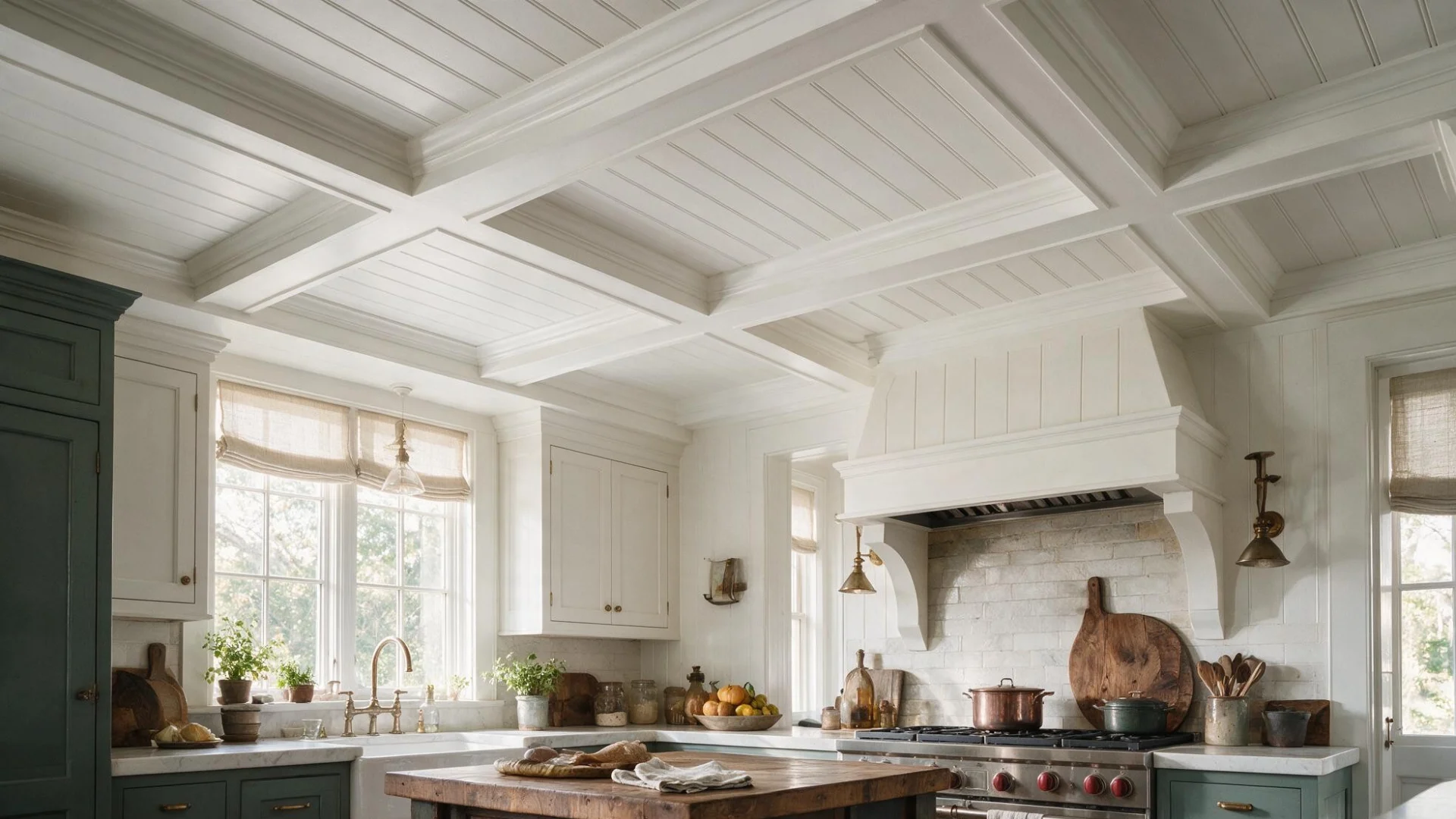 Cottage kitchen with white beadboard coffered ceiling green cabinets farmhouse sink wood island and warm natural daylight