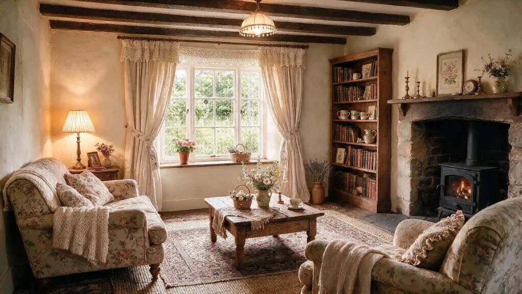 Cozy cottagecore living room with floral sofas wooden beams stone fireplace vintage books and soft warm lighting