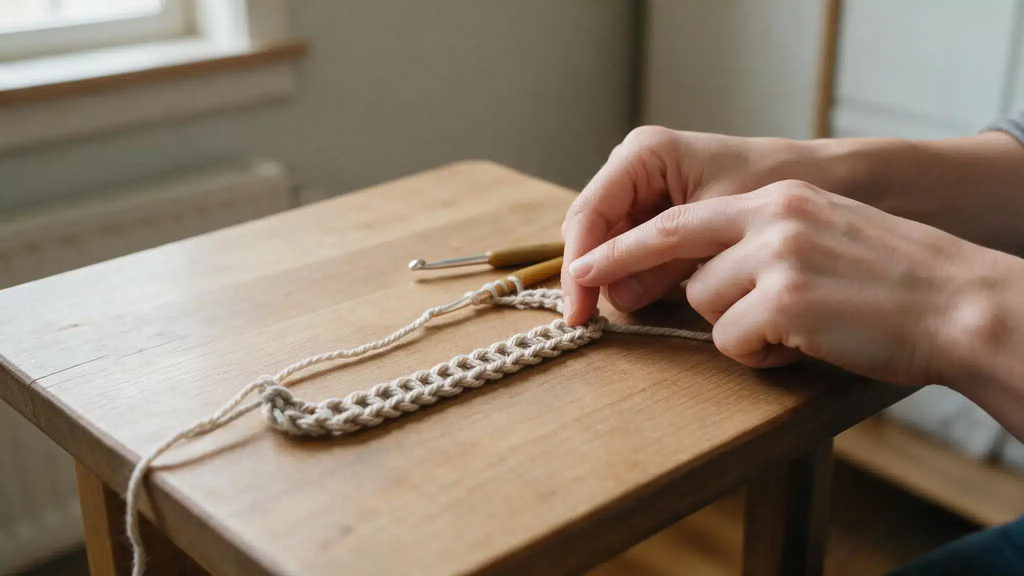 Hands counting crochet chain stitches laid out on a wooden table
