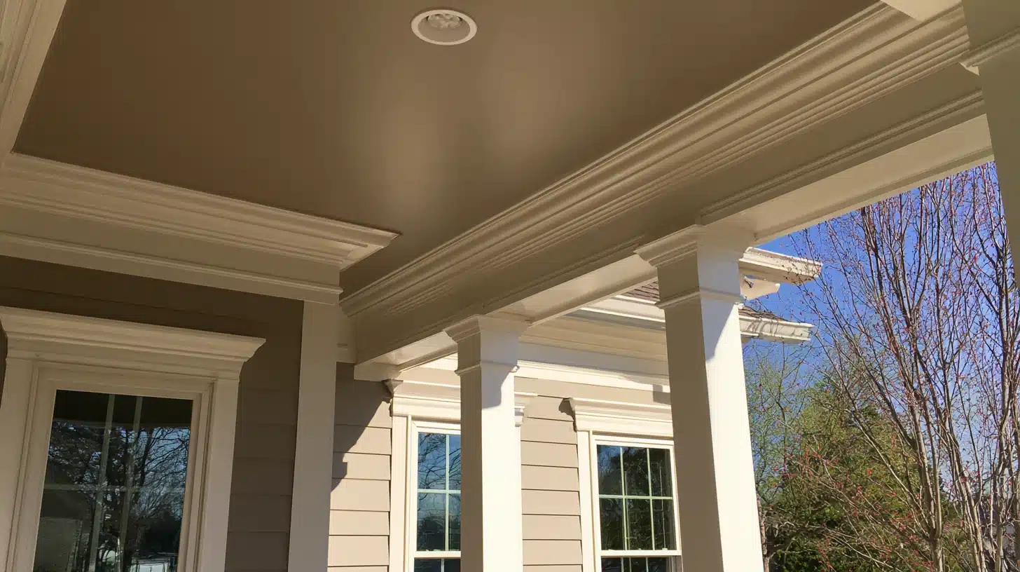 Covered porch with white columns, decorative molding, and windows on a beige house, overlooking leafless trees and a blue sky.