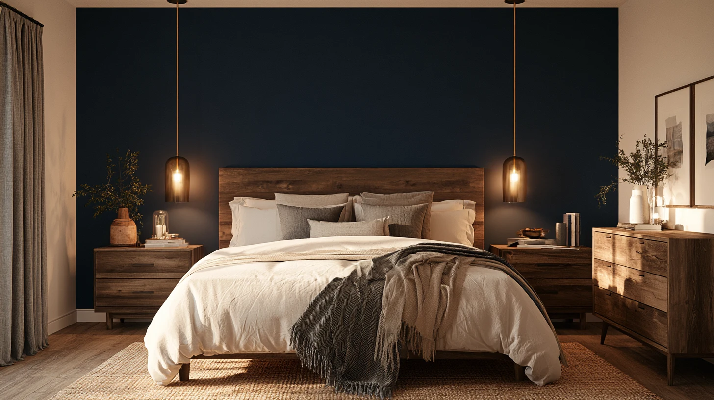 Cozy bedroom with a Hale Navy accent wall, rustic wood bed and nightstands, neutral bedding, warm pendant lights, and natural wood flooring.
