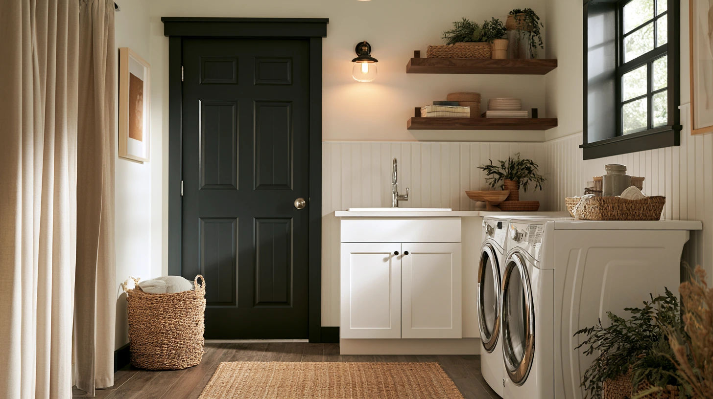 Cozy farmhouse-style laundry room with black paneled door, white washer and dryer, open wood shelves, woven baskets, and natural wood accents.