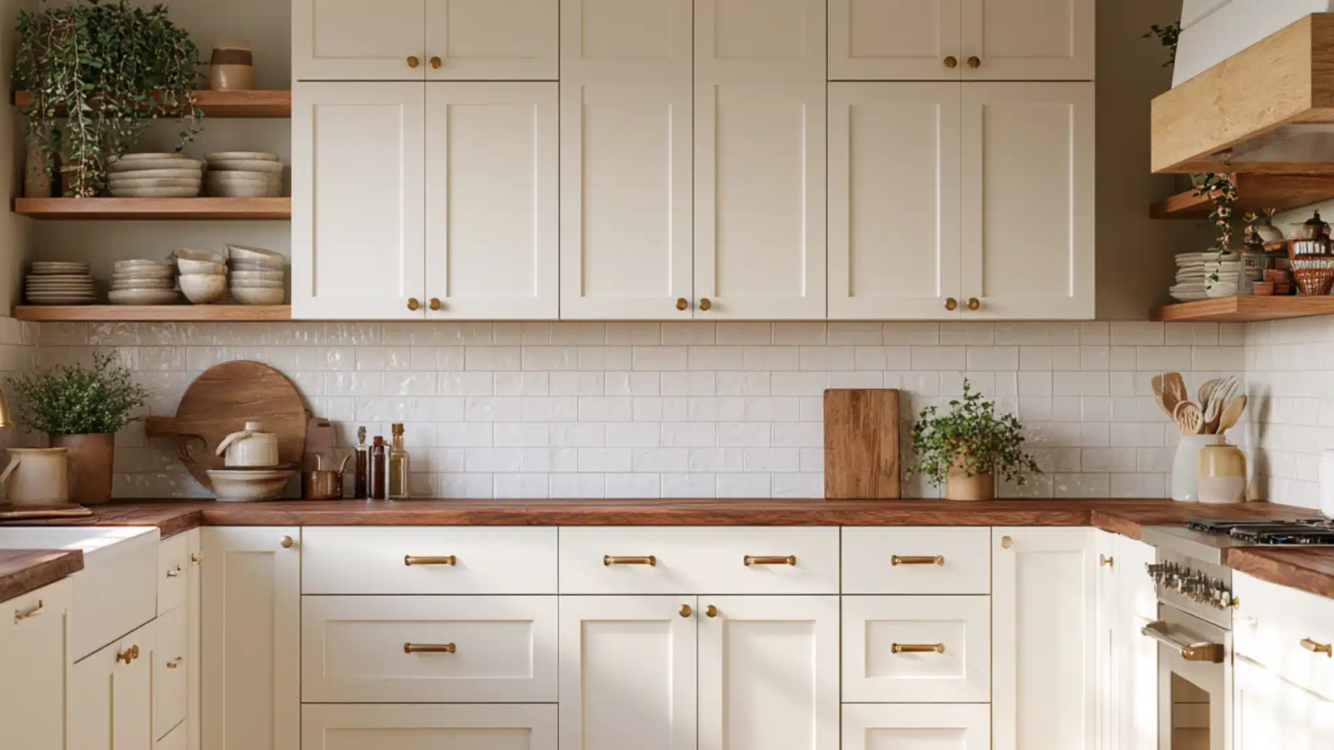 Cream kitchen cabinets with brass handles, wood countertops, open shelves, plants, dishes, utensils, and a white subway-tile backsplash.