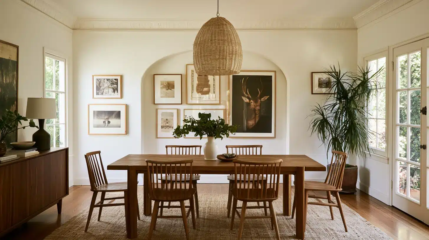 Bright dining room with a wooden table, spindle-back chairs, woven pendant light, framed artwork, and indoor plants beside tall windows.