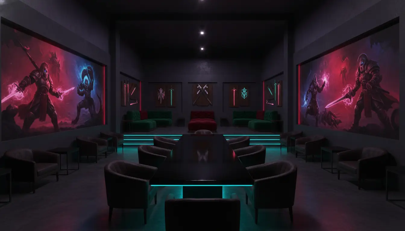 Dark lounge with neon-accented gaming theme, round chairs, and fantasy artwork on walls