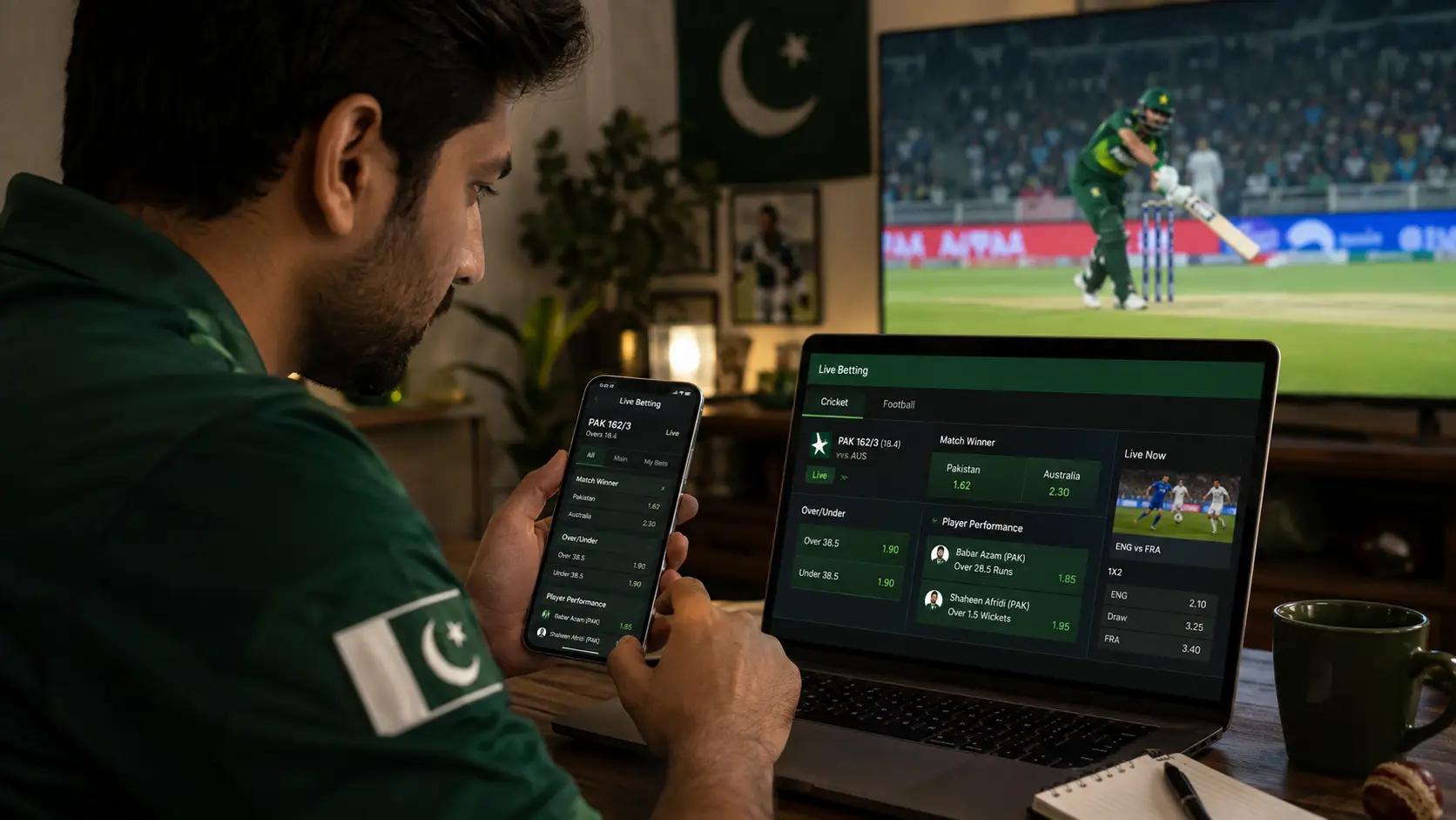Man in green jersey using smartphone and laptop for live cricket betting indoors