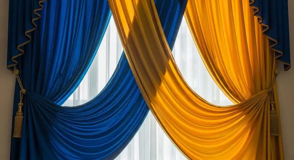Ornate blue and gold drapes frame a bright window, gathered at the sides with decorative tassel tiebacks.