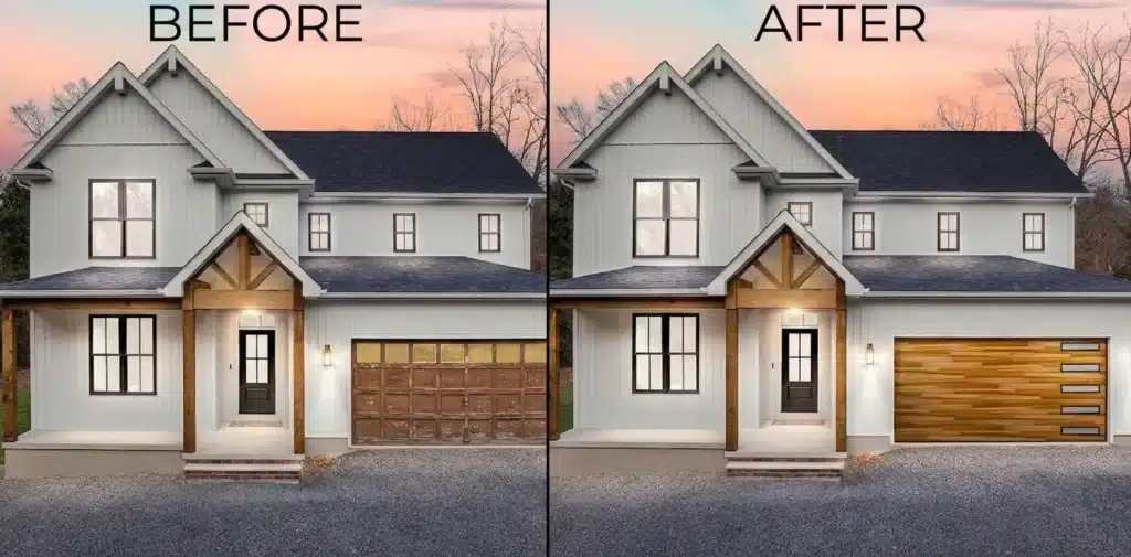 Split image comparing house exterior before and after new modern garage doors added