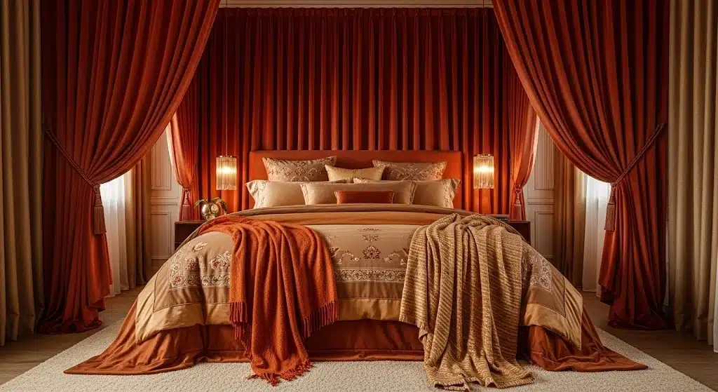 Luxurious bedroom with a large upholstered bed, layered cream and rust-colored bedding, velvet drapes, bedside lamps, and a plush rug.