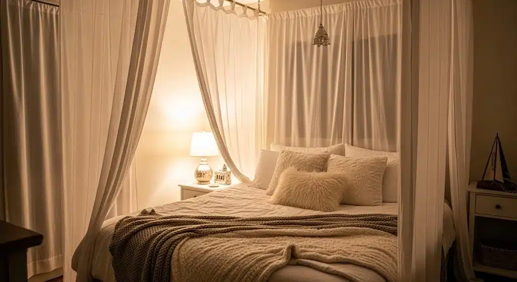 Cozy bedroom with a canopy bed draped in sheer curtains, layered cream bedding, textured pillows, a warm bedside lamp, and decorative sailboat accents.