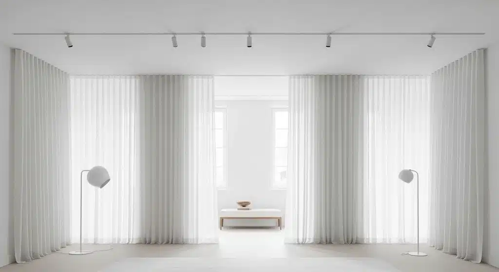 Ceiling curtain tracks with floor-length white sheer curtains creating a clean minimalist window treatment.