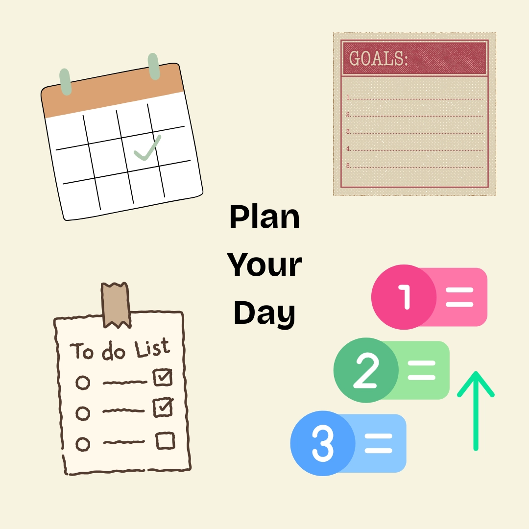 Daily planning illustrations showing a calendar goals to do list and priorities for an organized productive morning