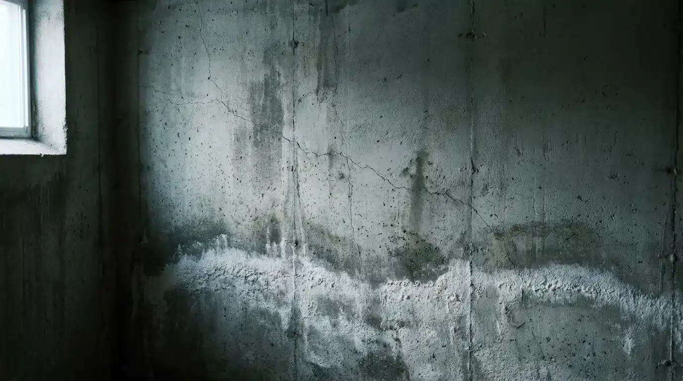 Rough concrete wall inside dimly lit room with small window on the left