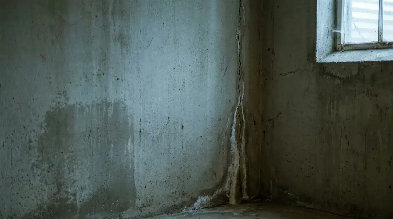Mold and water damage on concrete wall corner with slight natural light from window