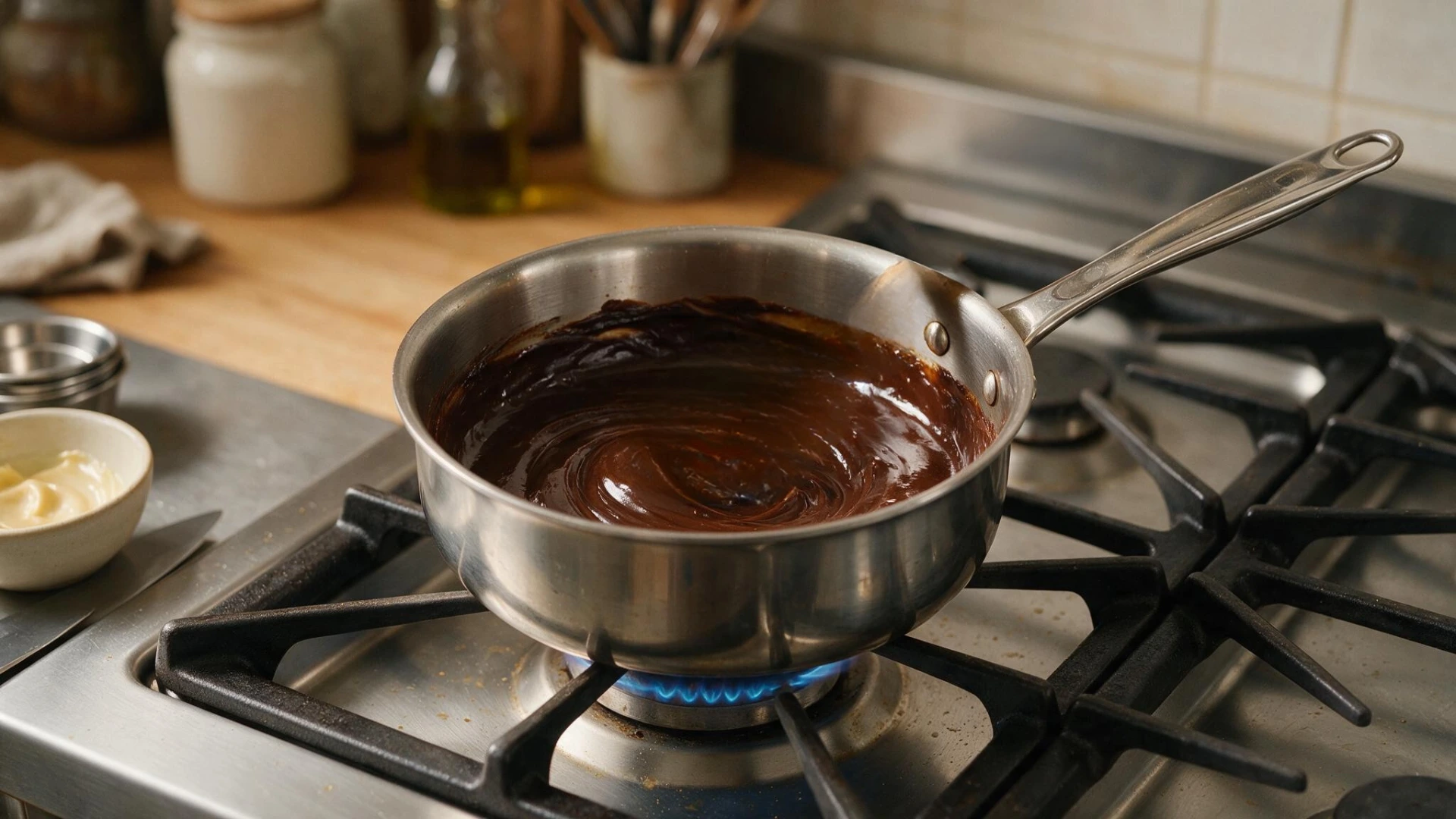 Dark brown roux heating in a stainless steel pot on a gas stove