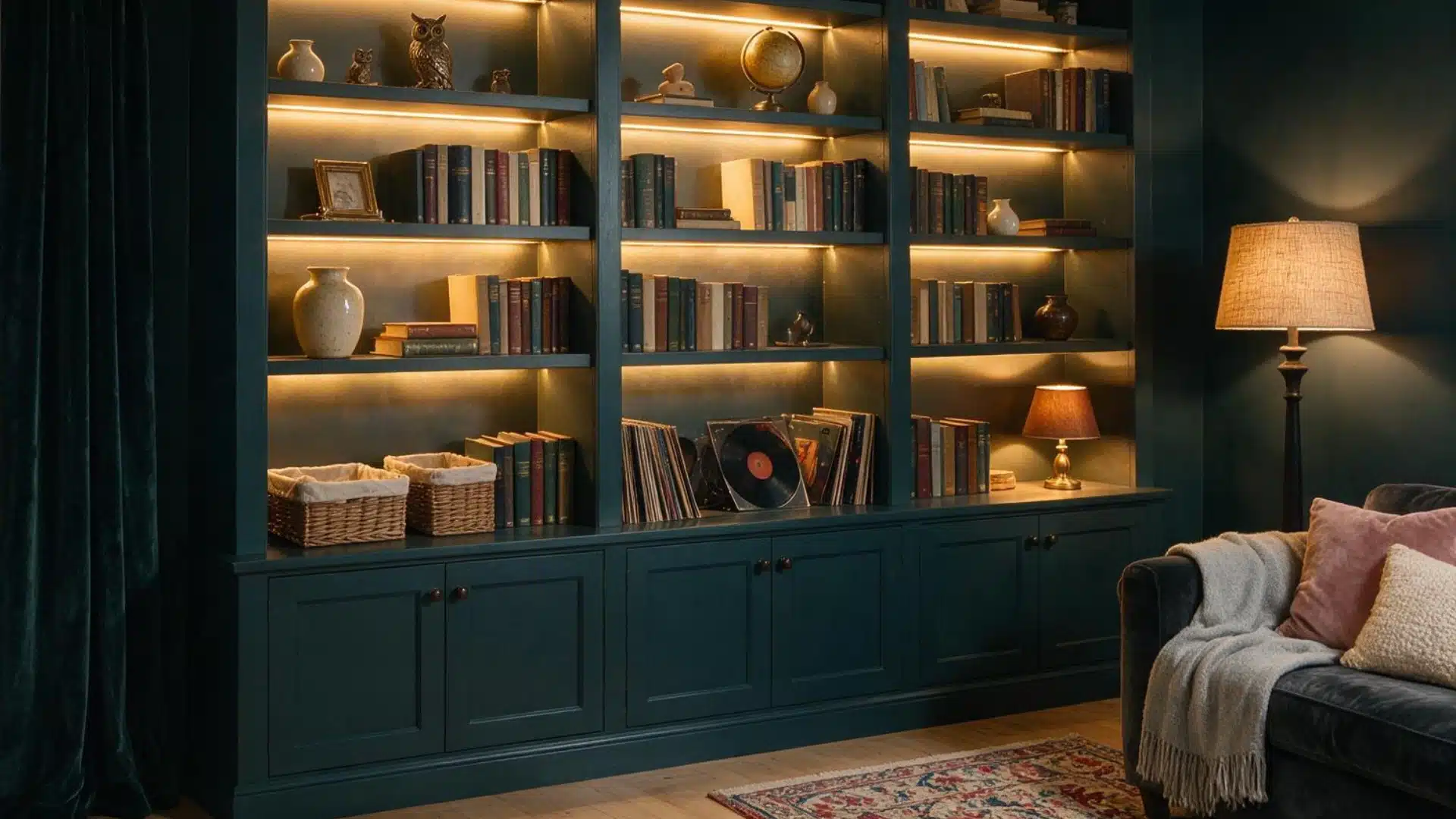 Dark green built-in bookshelves illuminated with warm LED strip lighting.
