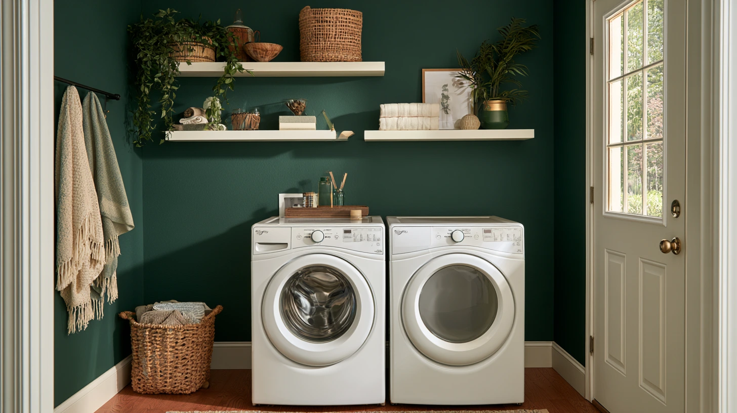 Dark green laundry room with white washer and dryer, floating shelves, woven baskets, plants, and warm wood flooring.
