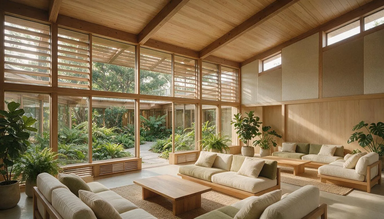 daylit contemporary living room with timber ceilings, shaded glass walls, indoor plants, and lush courtyard views beyond