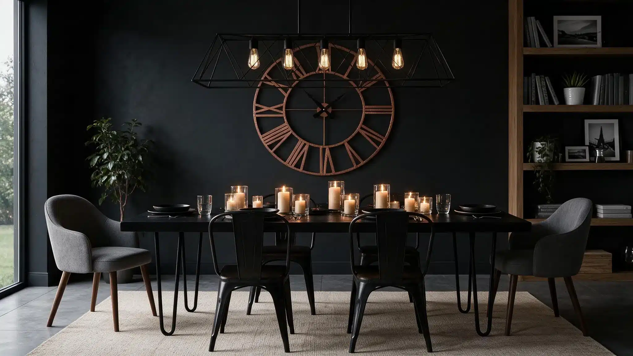 Elegant dark dining room with a black table set for four, surrounded by chairs, glowing candles, pendant lights, and a large Roman numeral wall clock.
