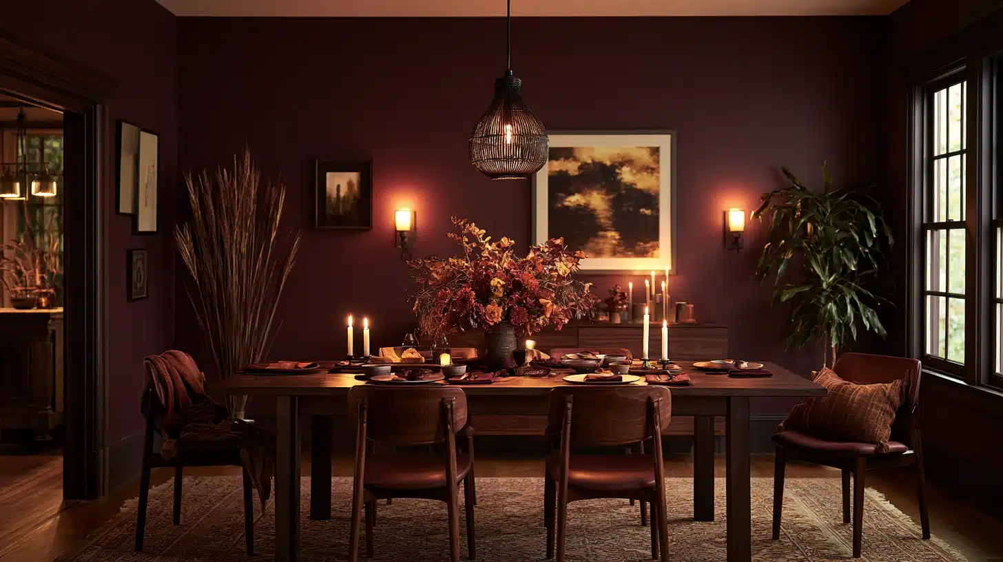Dining room with deep plum walls, wooden dining table, leather chairs, candlelight, framed artwork, and warm evening ambiance.
