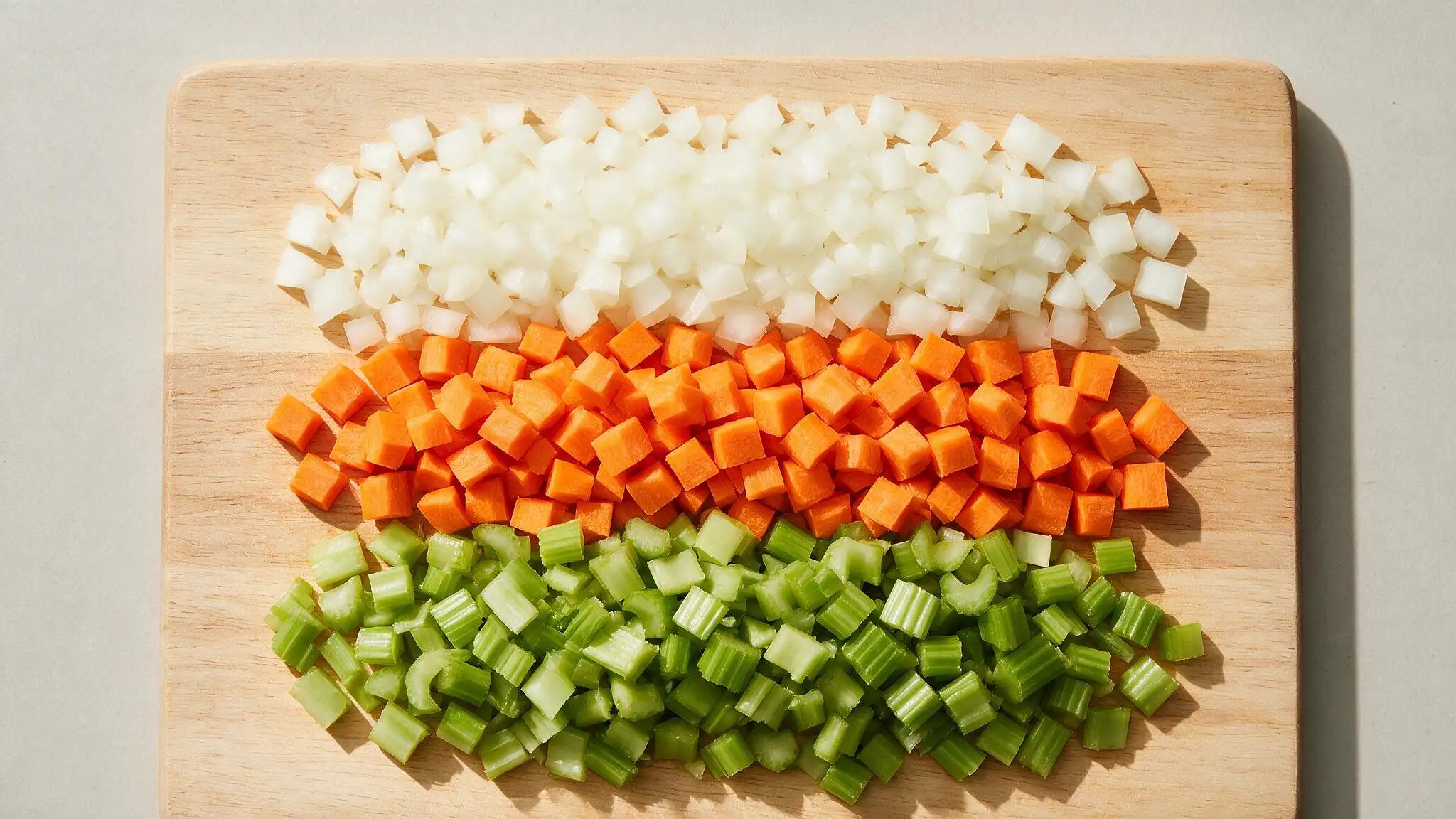 Diced onions, carrots, and celery arranged in three rows on a wooden cutting board.