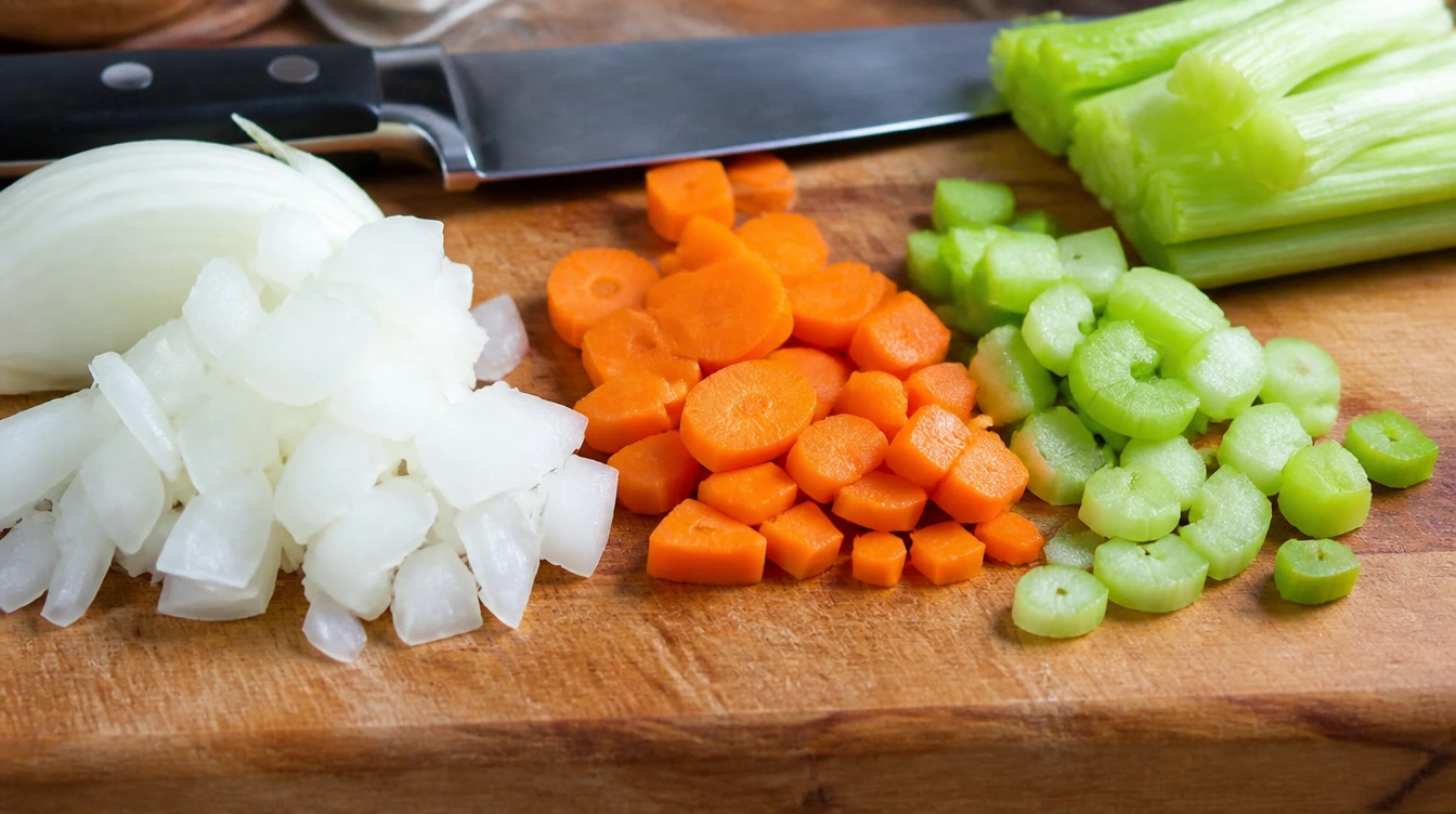 Diced onions, carrots, and celery arranged on a wooden cutting board with a chef’s knife.